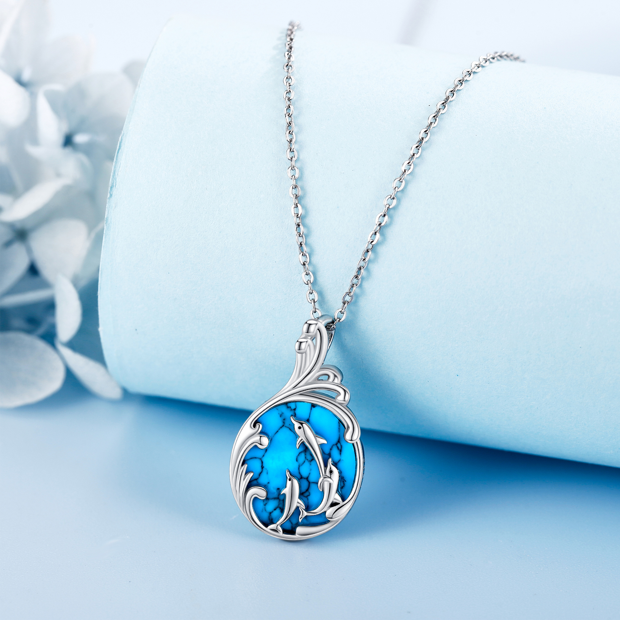 925 Sterling Silver Synthetic Turquoise Dolphin Necklace